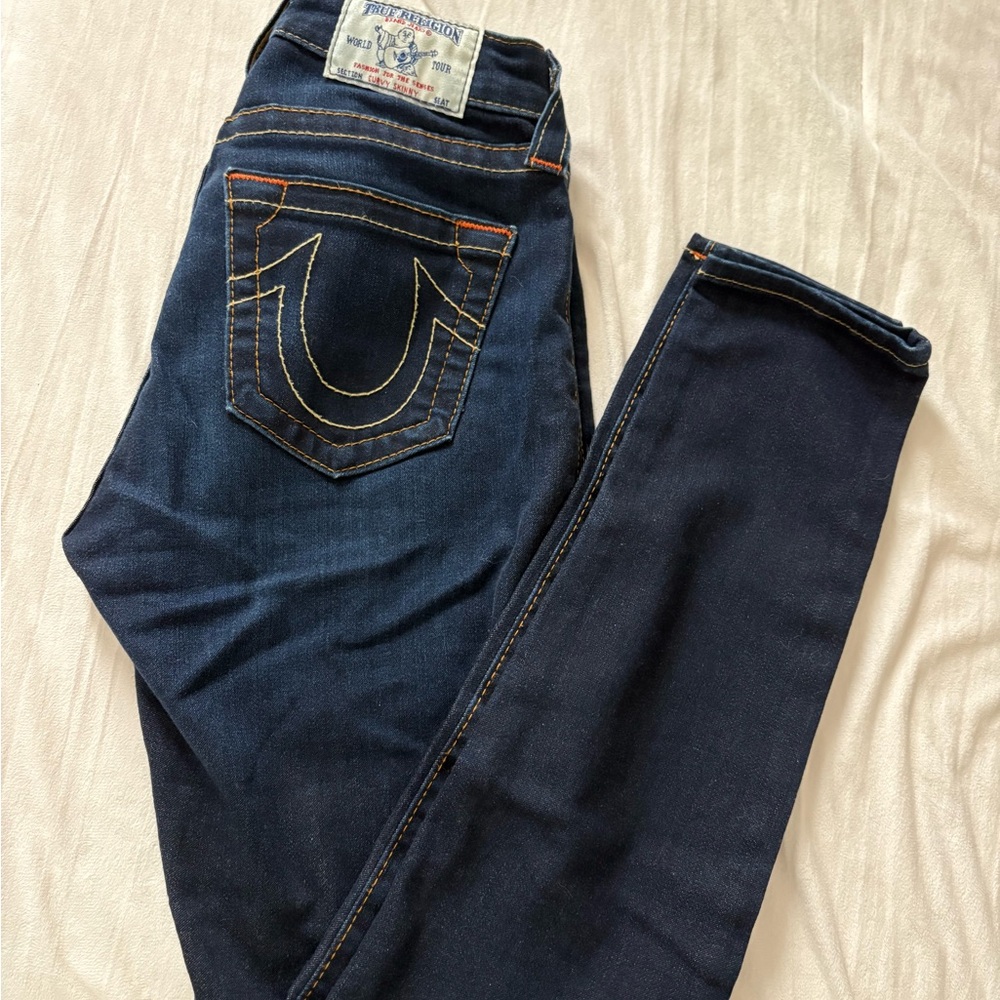 True Religion Dark Indigo Skinny Jeans with Contrast Stitching